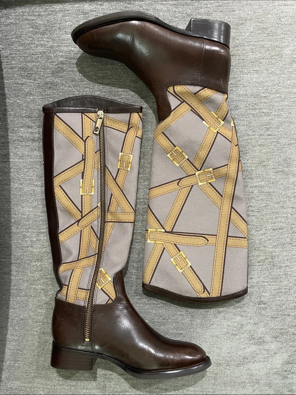 Tory Burch FELIX Riding Boots Brown Leather Equestrian Print Fabric Zip Size 5